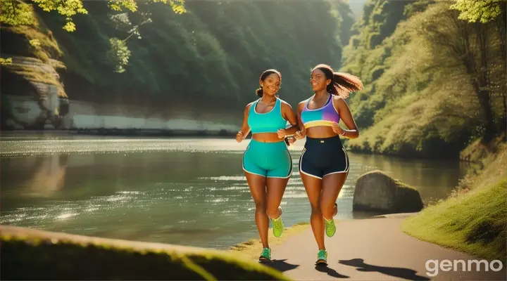 Two beautiful, tall women in their 40s, with long hair and stunning figures, including curvy, busty shapes and slim waists,running by the river.