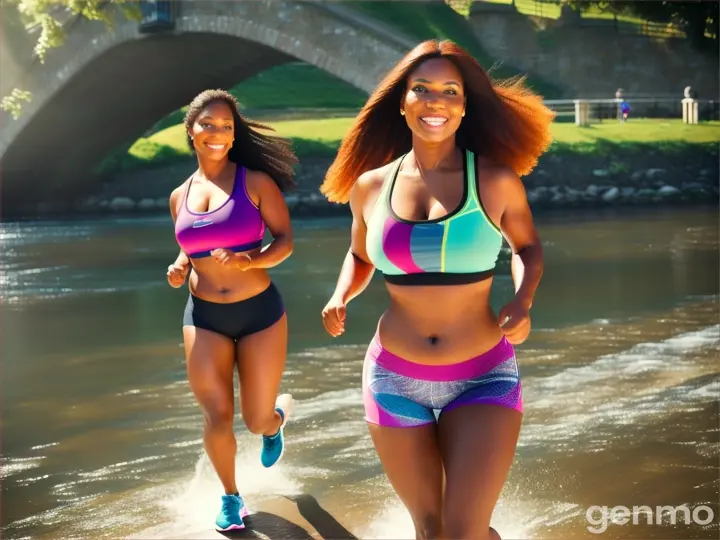 Two beautiful, tall women in their 40s, with long hair and stunning figures, including curvy, busty shapes and slim waists, were running by the river.