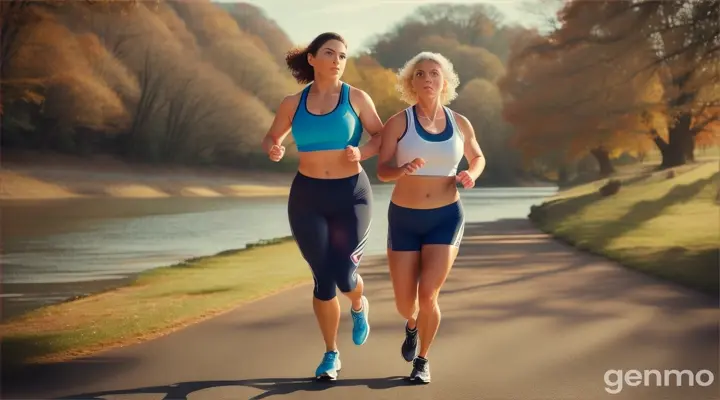 Two beautiful,white skin,blue eyes,busty, tall women in their 40s, with long hair and stunning figures, including curvy, busty shapes and slim waists, were running by the river.