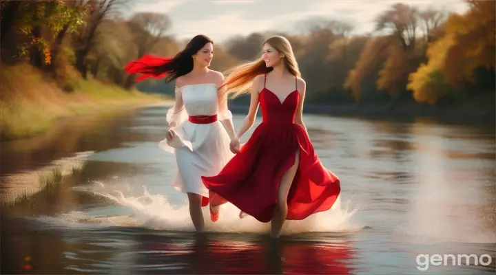 Two beautiful,white skin,blue eyes,busty, tall women in their 40s, with long hair and stunning figures, including curvy, busty shapes and slim waists, were running by the river.