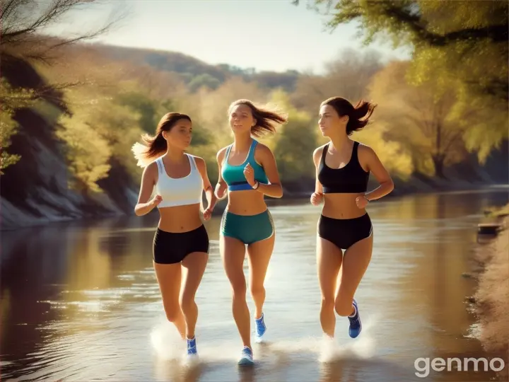 Two beautiful,white skin,blue eyes,busty, tall women in their 40s, with long hair and stunning figures, including curvy, busty shapes and slim waists, were running by the river.