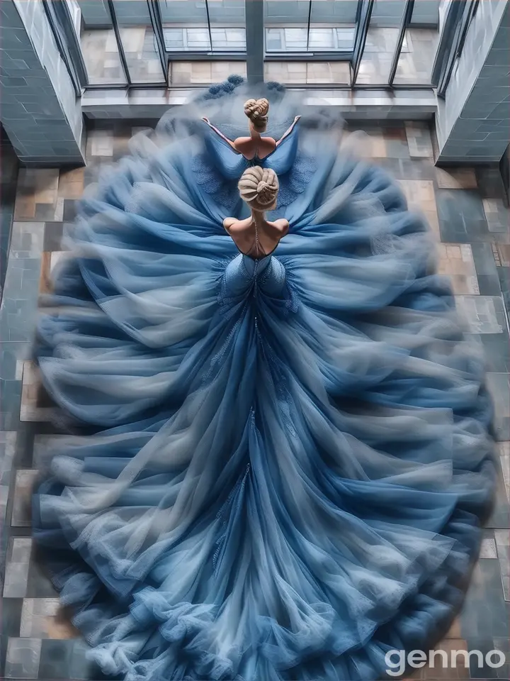 a woman in a blue dress standing in a room