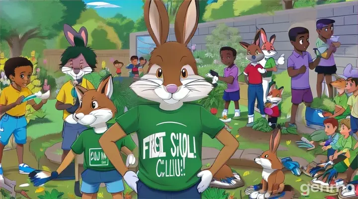 a cartoon of a fox standing in a garden.fox his friends bunny ,suqirrel  and childrensclean up the dirt forest together