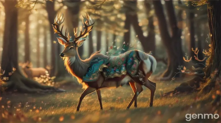 Create an image of the Ceryneian Hind, a majestic and elusive deer from Greek mythology. The hind should have golden antlers and a coat that shines with a subtle, ethereal glow. It should appear graceful and swift, with an elegant and serene posture, wandering through a lush and enchanted forest. The environment should be vibrant and detailed, emphasizing the hind's mythical and elusive nature