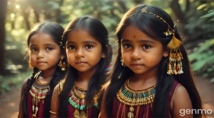  cute Indian Tribal girls walking through a sunlit forest, The natural beauty of the forest and the girl’s peaceful expression are highlighted, creating a serene and magical atmosphere. Hyper real, Photo realistic, Hyper-detailed, cinematic, 16:9, Ultra 8K, Hyper-detailed.