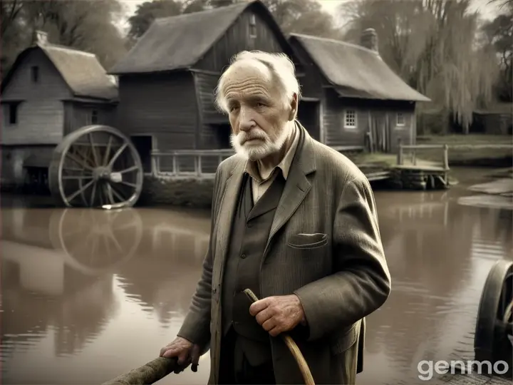 An old man with a cane, tired and sad next to the old water mill