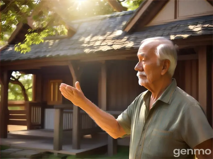 The old man in the courtyard of the wooden house praying with his hands towards the sky