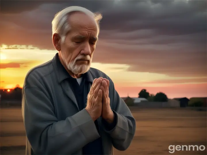 Sad old man in the yard praying with his hands to the sky