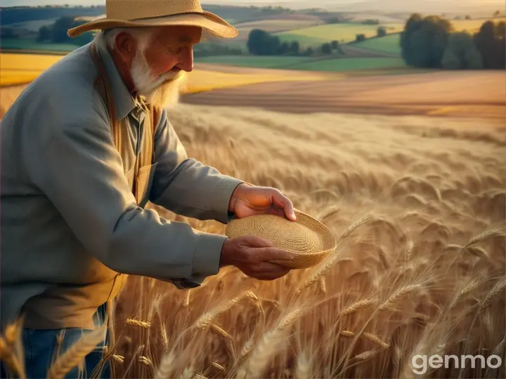 An old man who collects wheat grains from the ground