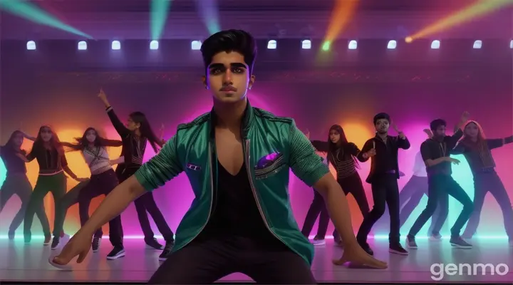 8k wide shot: Focus on the faces of Pakistani boys and girls dancing energetically in a modern nightclub, with a DJ setup and neon lights creating a lively atmosphere. Emphasize sharp, clear, and realistic facial details.

