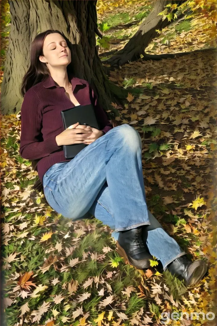 a woman sitting under a tree in the fall leaves