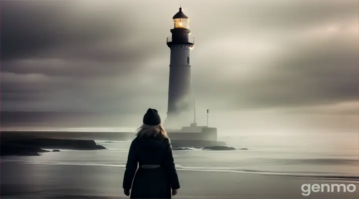 The air thick with mist, carrying the scent of salt and decay as Sarah approaches the lighthouse.