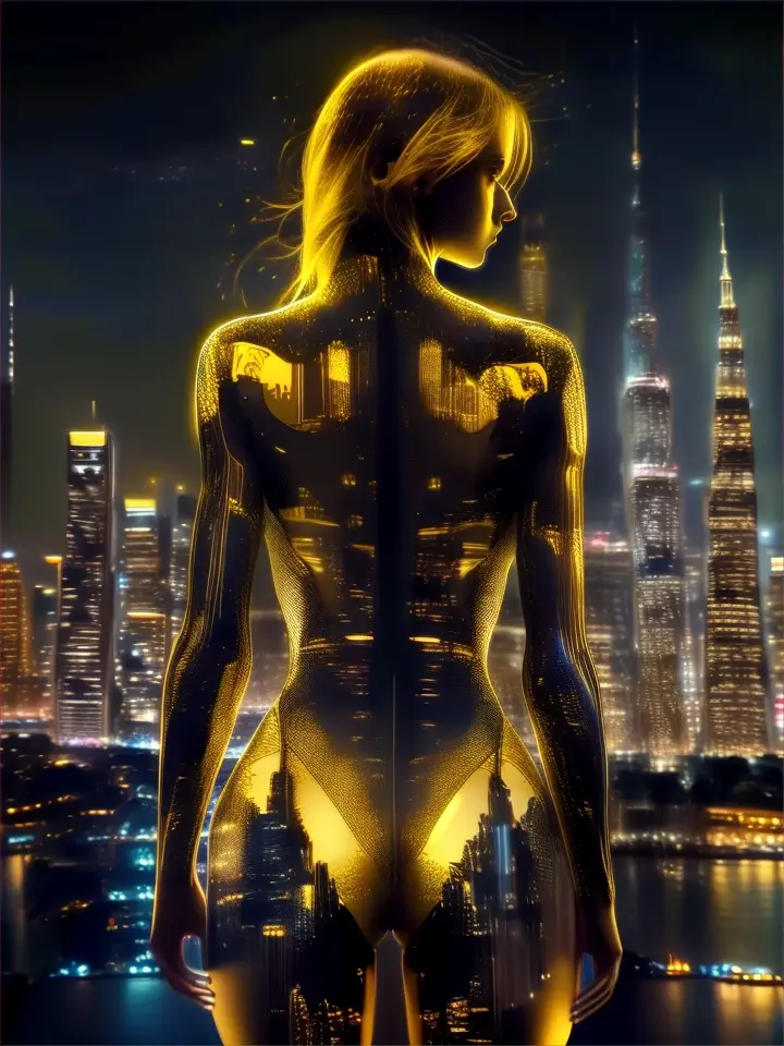 a woman in a body suit standing in front of a city at night
