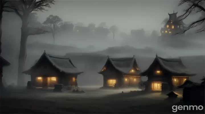  **Village Covered in Mysterious Fog**: An eerie, ancient village at night, with thick, mystical fog enveloping the entire area. The small, rustic huts are barely visible through the fog, creating an atmosphere of suspense and mystery.