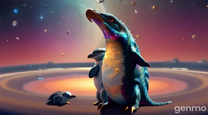 A big lizard hugs a little penguin while standing on the ring of saturn among the cosmic universe