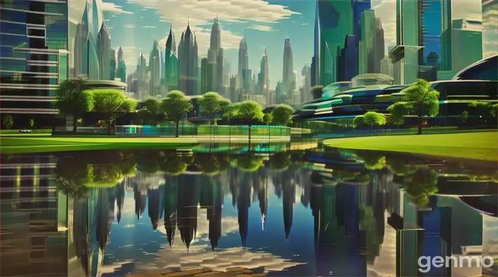 A modern city reflected in a giant mirror that, when broken, reveals a vast and peaceful green field, symbolizing the transition from superficiality to true divine essence.