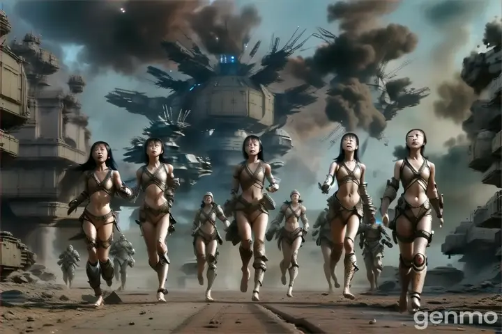 barefoot chinese girl in damaged tattered battlesuit running on futuristic battlefield