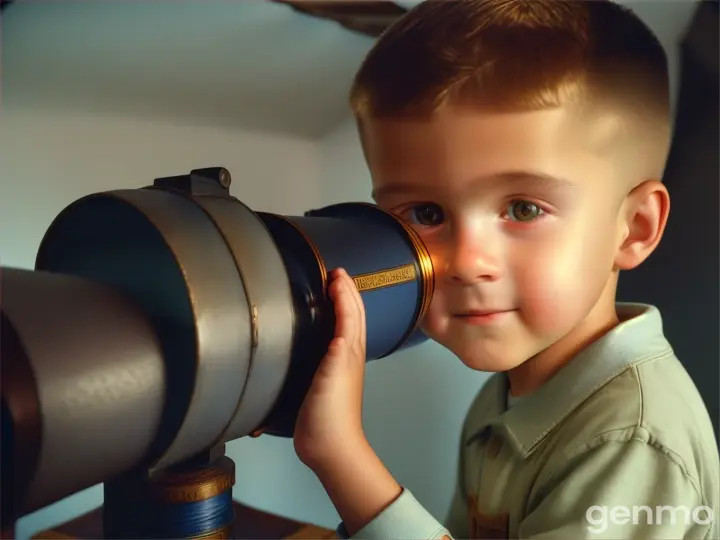 6. **A boy discovering an old telescope**: A young boy finding an old, dusty telescope in an attic or storage room. The boy’s face should show excitement and wonder as he holds the telescope up to his eye for the first time.