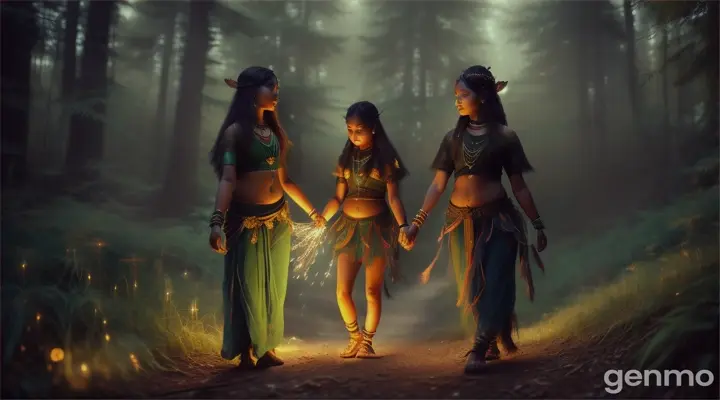 Young Indian Tribal women Walking in a mystical forest clearing illuminated by otherworldly fireflies, casting their glow upon everything, 16:9