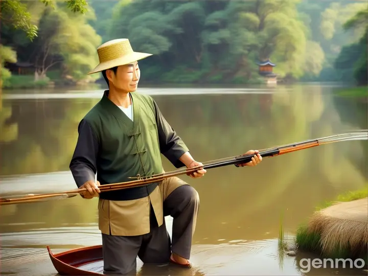 Chinese man fishing at the river