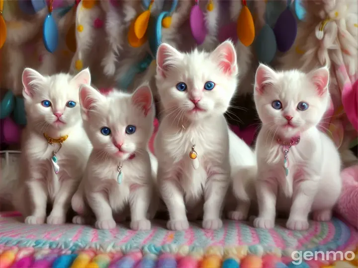 Five white kittens sitting on the mat