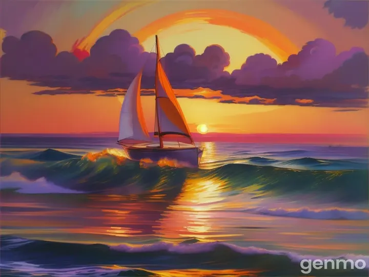 Sailing at sunset with a view of the horizon, calming and serene, oil on canvas