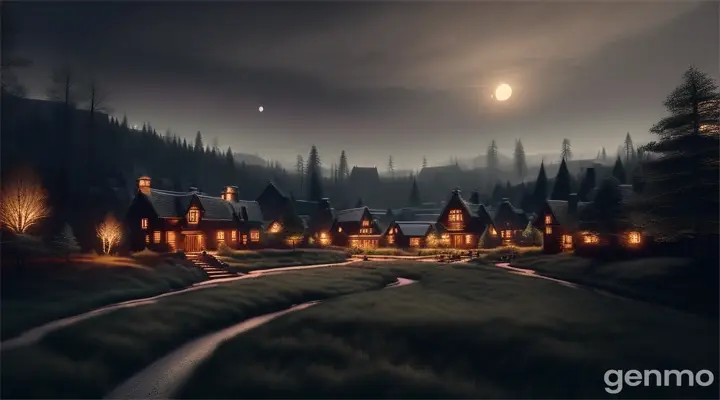 A small, remote village surrounded by dense, dark woods under the soft glow of a full moon. The village is quiet, with smoke gently rising from the chimneys, creating an eerie, isolated atmosphere.