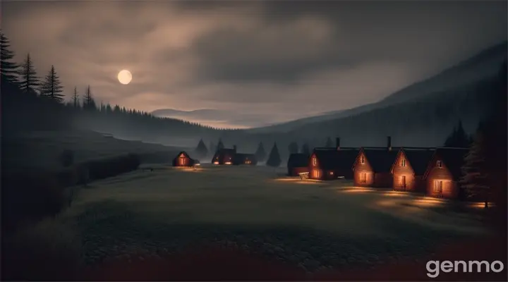 A small, remote village surrounded by dense, dark woods under the soft glow of a full moon. The village is quiet, with smoke gently rising from the chimneys, creating an eerie, isolated atmosphere.