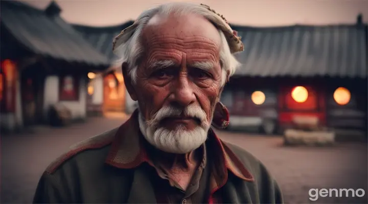 An elderly man with milky, cataract-filled eyes, dressed in tattered traditional clothing, standing in the village square. His expression is serious and foreboding as he warns the younger villagers of the blood-red moon.
