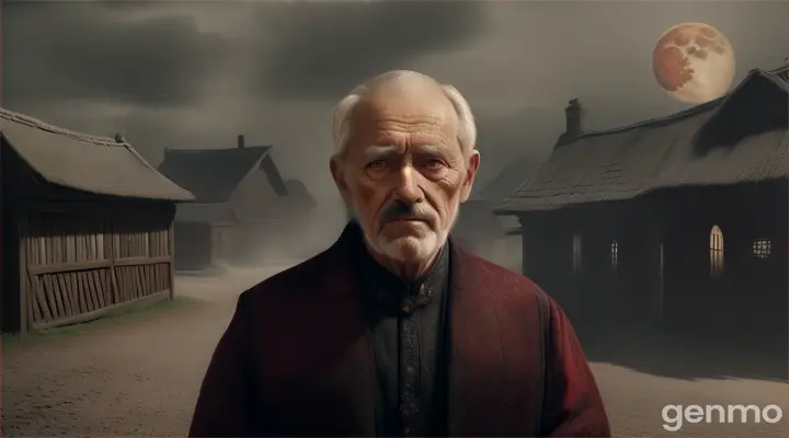 An elderly man with milky, cataract-filled eyes, dressed in tattered traditional clothing, standing in the village square. His expression is serious and foreboding as he warns the younger villagers of the blood-red moon.
