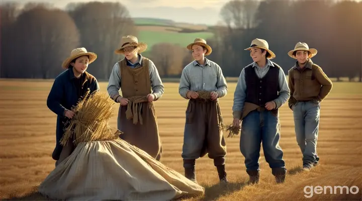 The villagers, mostly young men and women, hurriedly building a scarecrow at the edge of a field. The scarecrow is made of old, worn-out clothes, straw stuffing, and a burlap sack for a head. The villagers appear dismissive and unconcerned