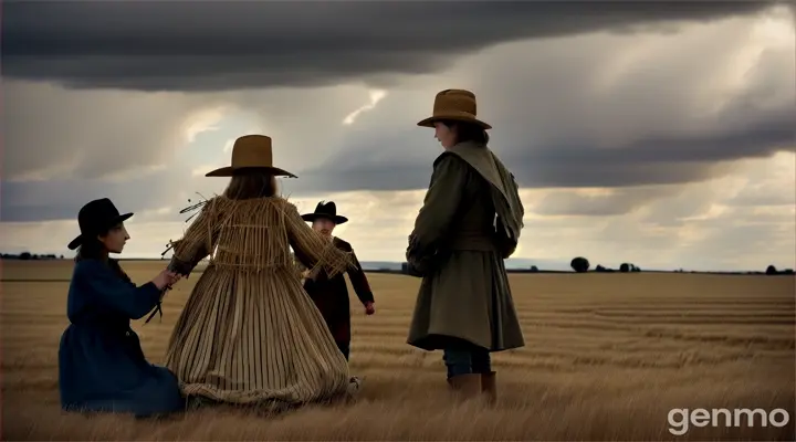 The villagers, mostly young men and women, hurriedly building a scarecrow at the edge of a field. The scarecrow is made of old, worn-out clothes, straw stuffing, and a burlap sack for a head. The villagers appear dismissive and unconcerned