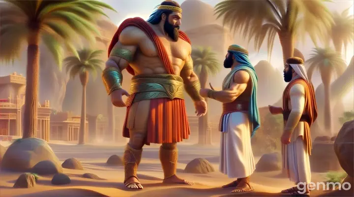 A giant men with an arabian men  standing and talking each other in the dessert with palm trees