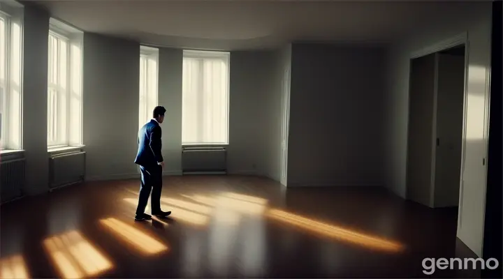 Surreal scene: A man wanders around the apartment and cannot orient himself, a space-time anomaly, a cyclical change in the interior space of the apartment within the framework of the theory of the multiverse, Consider using the Arri 35 III camera, * Choose a Zeiss Super Speed 50 mm and 85 mm lens 