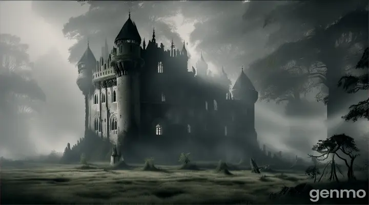 Description: An old, crumbling fort surrounded by dense, dark forest. The fort’s walls are covered in vines, and the atmosphere is shrouded in mist. The sky is overcast with ominous dark clouds, giving an eerie glow to the scene. The fort's towers are jagged and crumbling, and there are broken windows with dark shadows inside.

Image Prompt: “A dilapidated fort in a dense forest, surrounded by mist and dark clouds. The fort’s walls are overgrown with vines, with jagged towers and broken windows. The atmosphere is foreboding, with an eerie glow.”