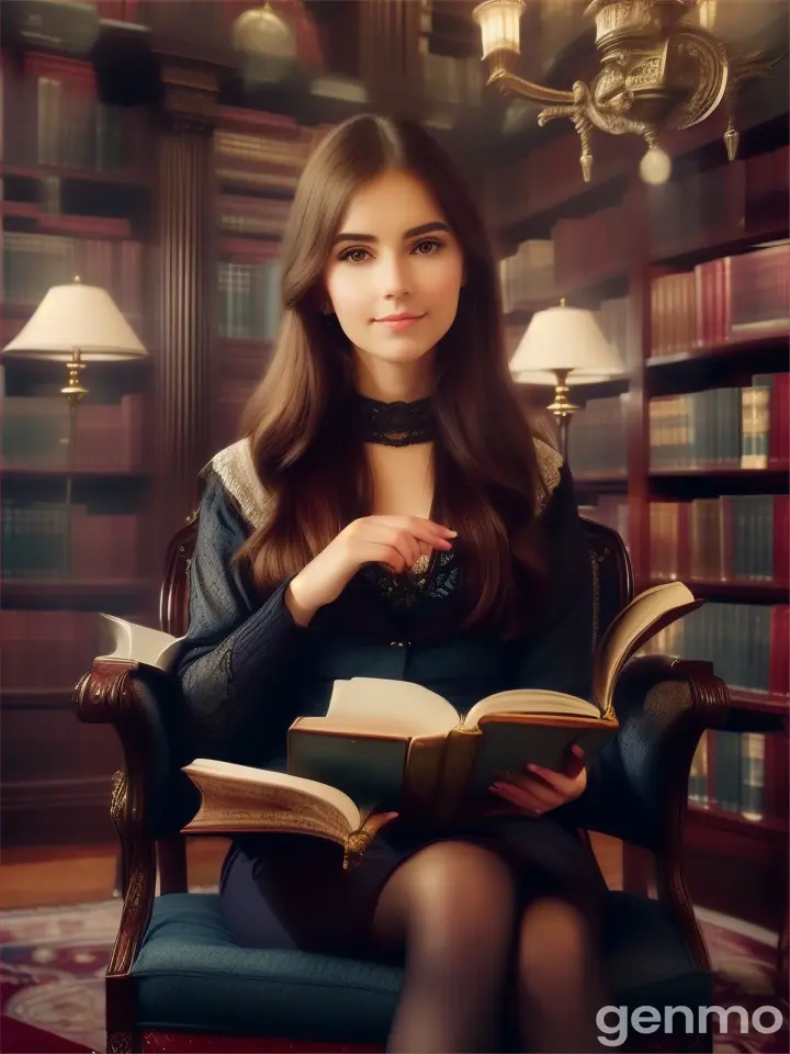 Beautiful woman in the library, describing a classic room, reading a book, relaxing, fantasy library.