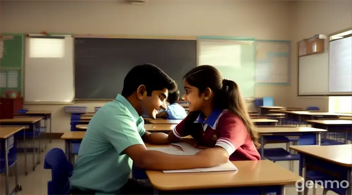 "On the first day of school, Rahul and Sakshi both joined a new school. They were complete strangers to each other, but both had the same question in their hearts—would they make friends here? As soon as they entered the classroom, their eyes met. Sakshi smiled and gestured for Rahul to sit next to her. Hesitantly, Rahul agreed."