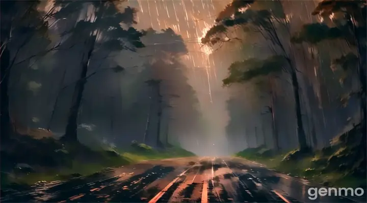 a rain soaked road in the middle of a forest