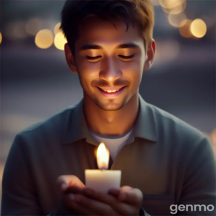 A person with closed eyes, a serene smile on his face, holding a small flame in his hands, which shines brightly against a dark background, symbolizing unshakable hope