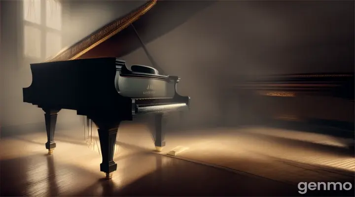 Ancient Piano: A grand piano covered in dust, with cobwebs draping over it, and an eerie glow emanating from it.