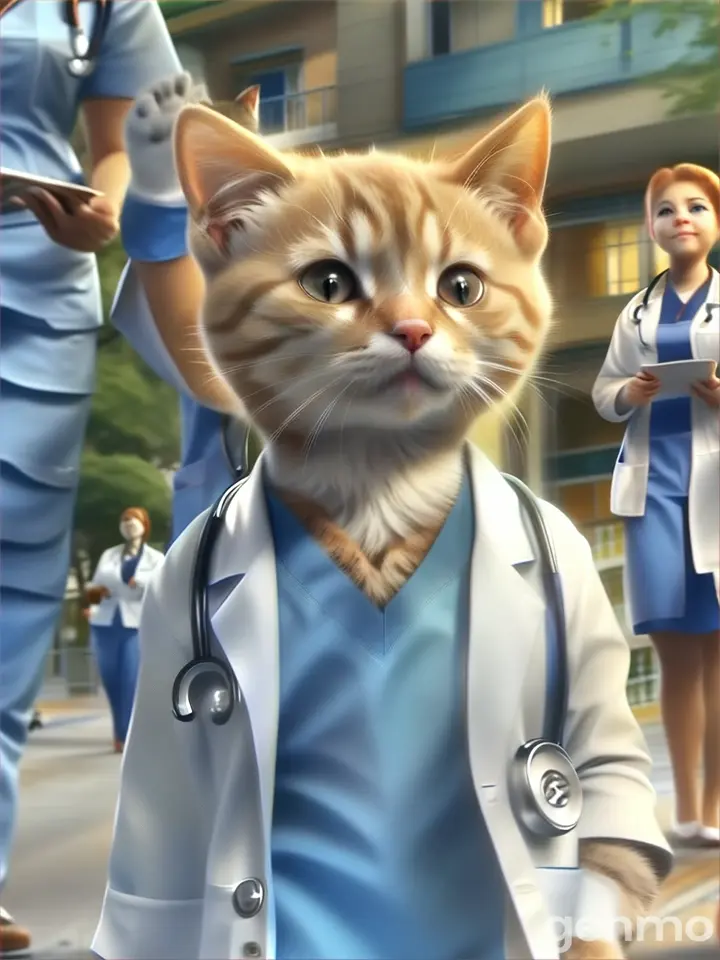 a cat in a doctor's outfit standing on a sidewalk