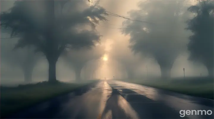 The road lined with faint, ghostly figures or shadows, their eyes glowing faintly in the darkness. The mist rises from the ground, and the rain creates a dense fog, adding to the unsettling feeling of being watched.