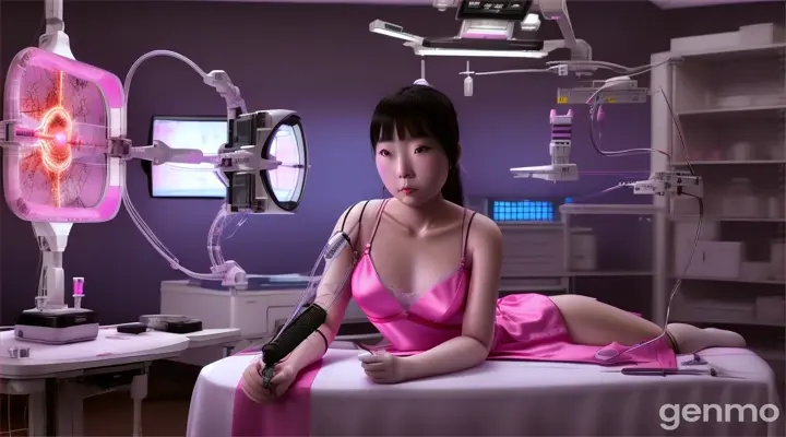 chinese girl in pink negligee on operation table tremors with damaged prosthetic arm sparks and wires outside 16:9