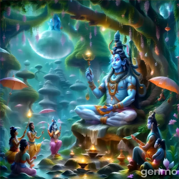 lord shiva sitting undar the tree flower rain is falling every ware and shiva is blessing people in the night lamp some artist are playing rhythm in jungle