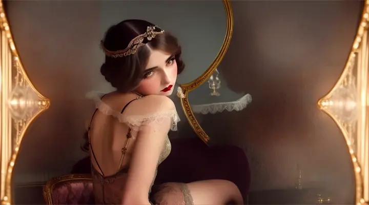 Beautiful woman in vintage boudoir at ornate mirrored dressing table, light glowing from behind antique lacy drapes, roses and cosmetics in foreground