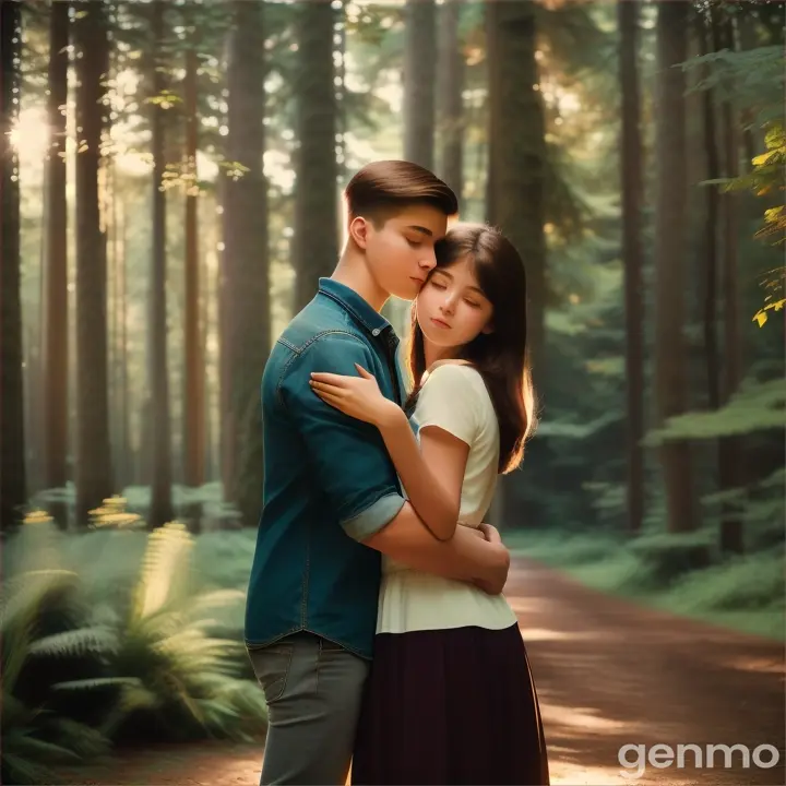 A young man hugs tightly to a beautiful girl in the secluded place, long shot to medium shot video 1:1