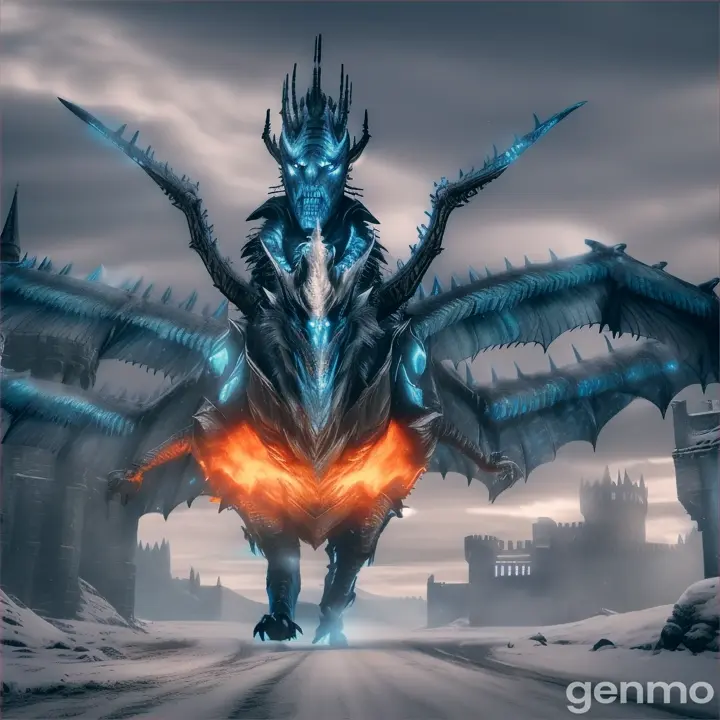 {
  "prompt": "A chilling scene of the Night King arriving at Winterfell with his undead army. The Night King, with his pale blue skin and glowing blue eyes, rides a fearsome undead dragon, which hovers menacingly above the ancient castle of Winterfell. The sky is dark and stormy, with swirling snow and icy winds. Below, countless wights, skeletal and decayed, march relentlessly toward the castle, their eyes glowing eerily in the darkness. The walls of Winterfell are partially covered in snow and ice, and the torches flicker weakly in the freezing air. The overall atmosphere is one of impending doom, as the unstoppable force of the undead advances on the last stronghold of the living.",
  "size": "1024x1024"
}
