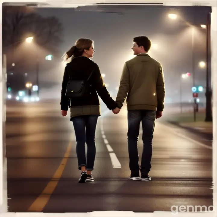 Beautiful lady and a young handsome guy are walking on the  night road seeing together video 1:1