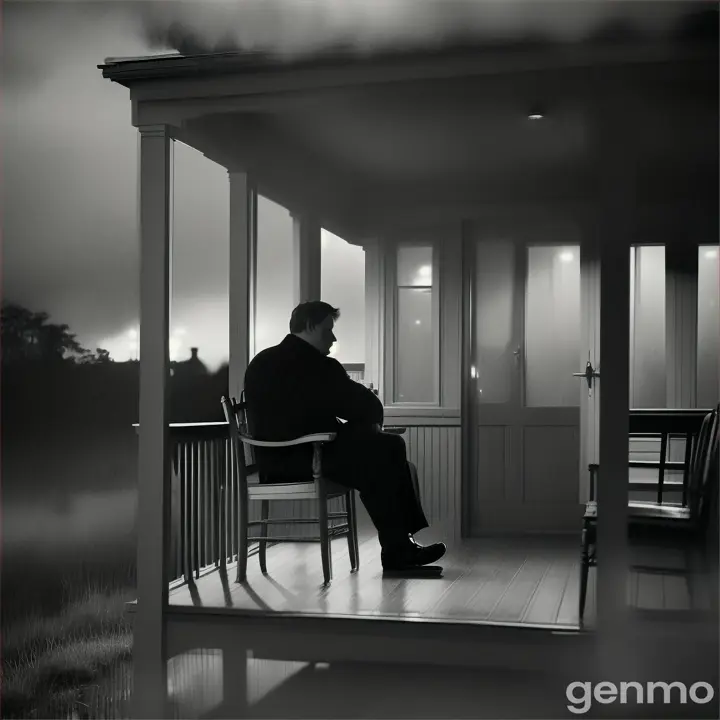  A man sits alone on the porch of a house in a gloomy evening video 1:1