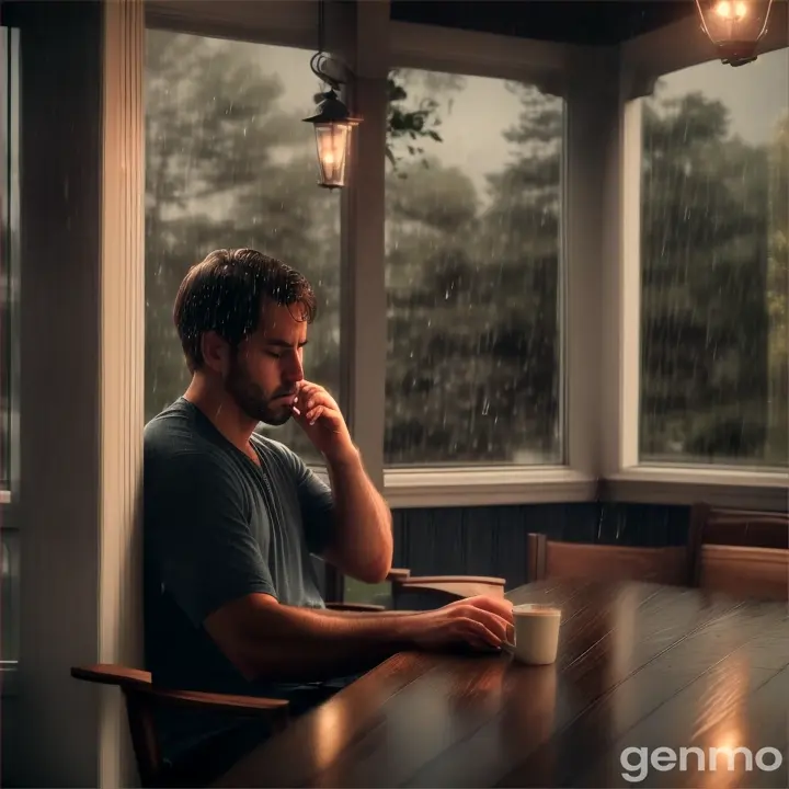  A man is crying alone on the porch of a house in a gloomy evening video 1:1